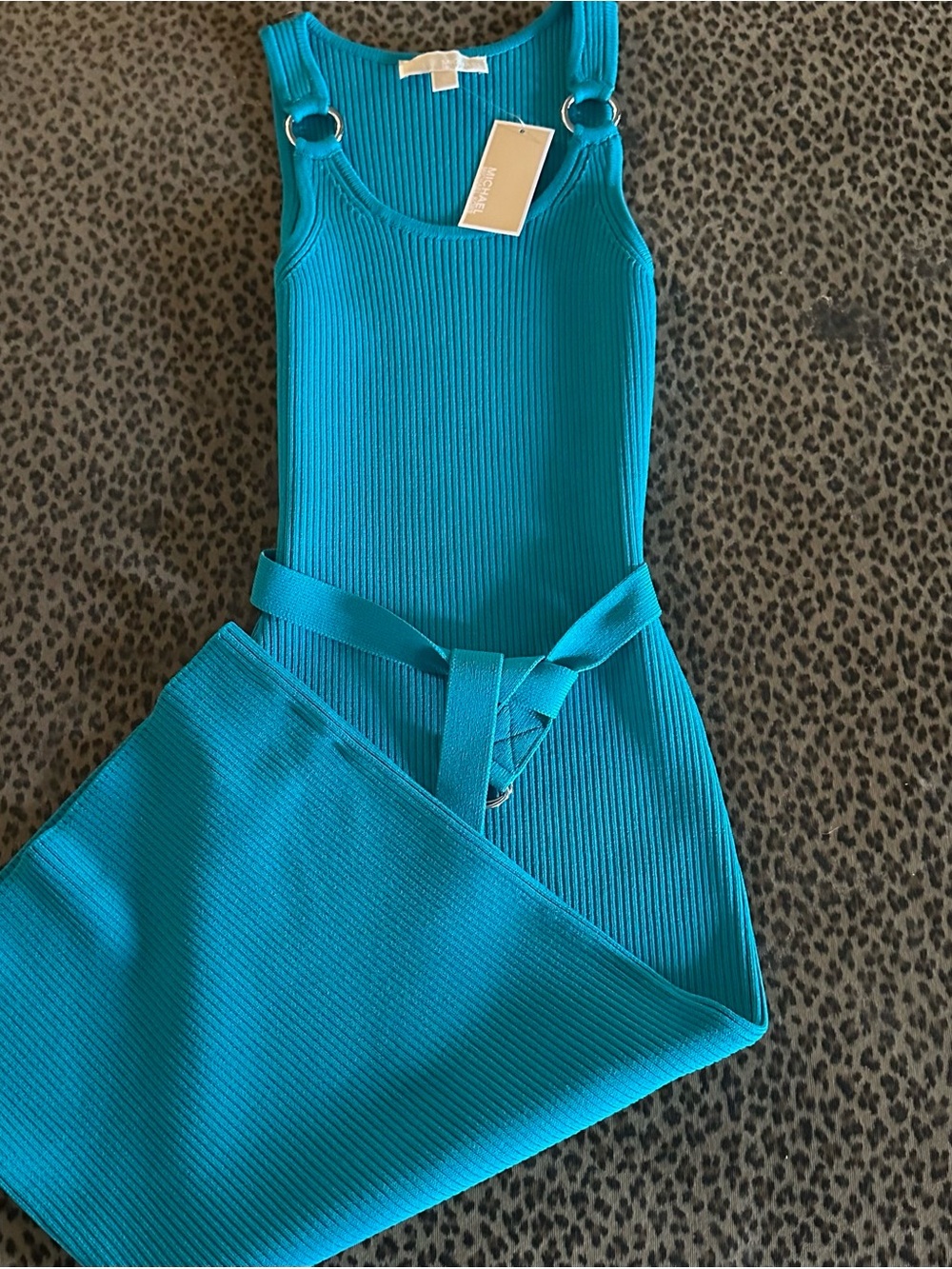 Michael Kors Teal Ribbed Midi Tank Dress with Ring-Strap Detail